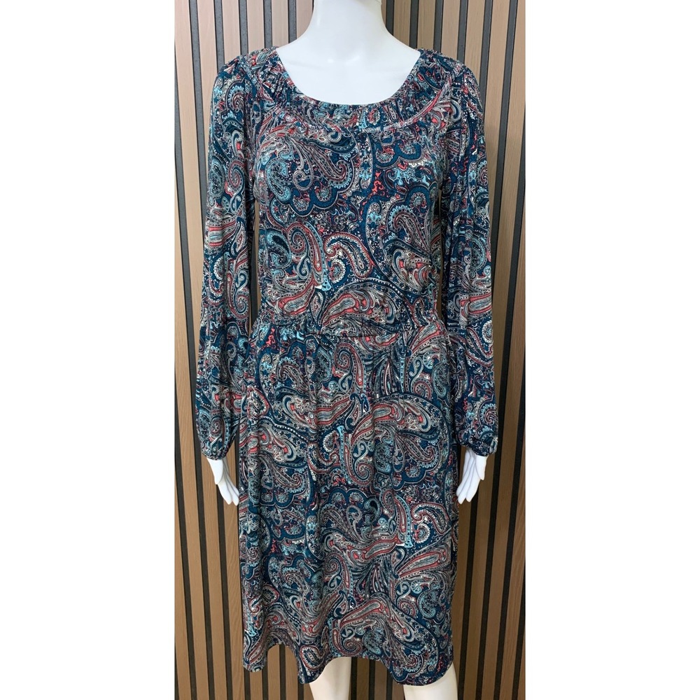 Talbots Petite Blue Paisley Long Sleeve Elastic Waist Jersey Dress SP